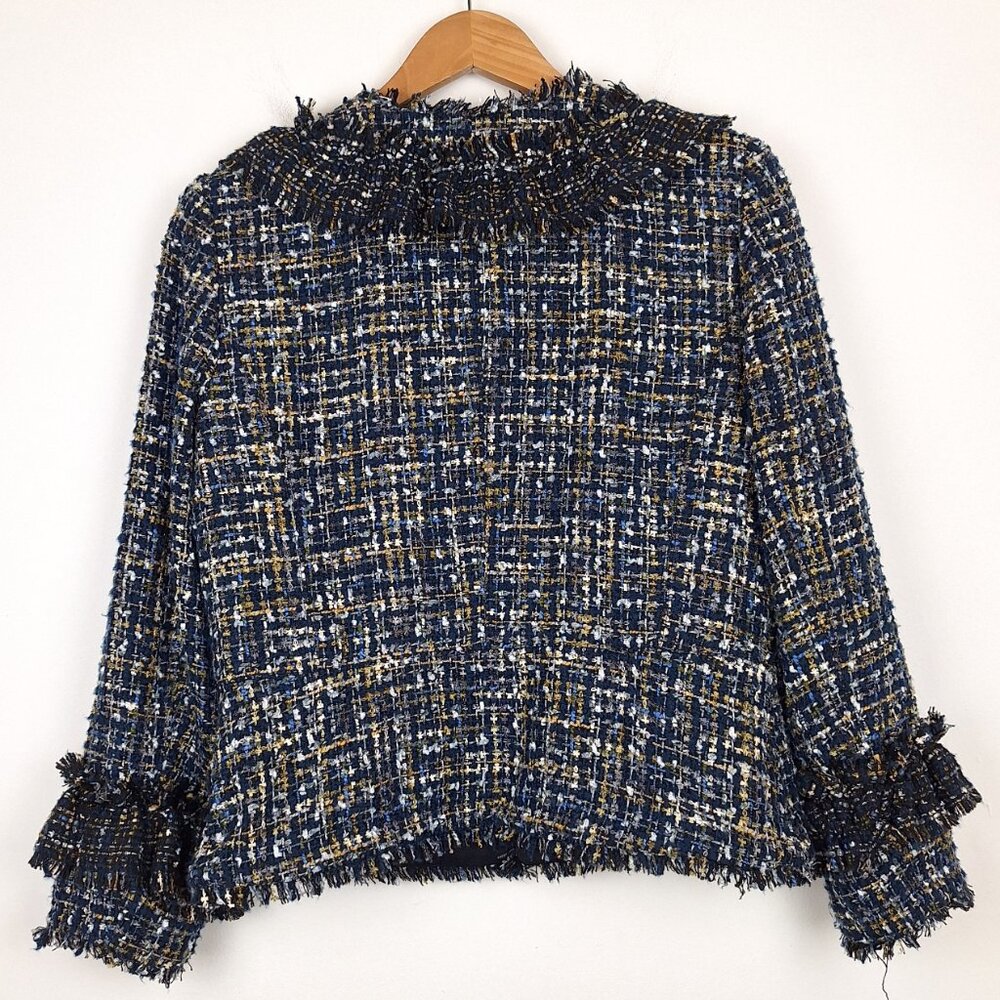 Ann Taylor Ruffle Tweed Blazer Size 6. Navy Blue Multicolor Shimmer Raw Edge - Picture 7 of 13